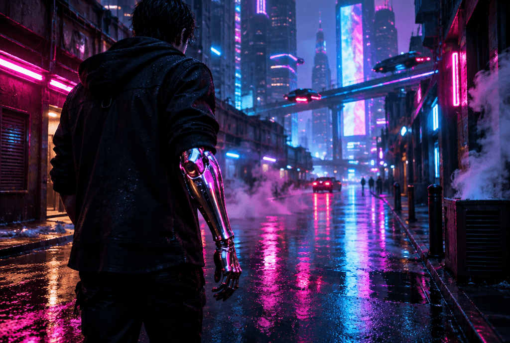 Strada al neon bagnata dalla pioggia di notte, una persona con un avambraccio cibernetico cromato in cui si riflettono insegne al neon magenta e ciano