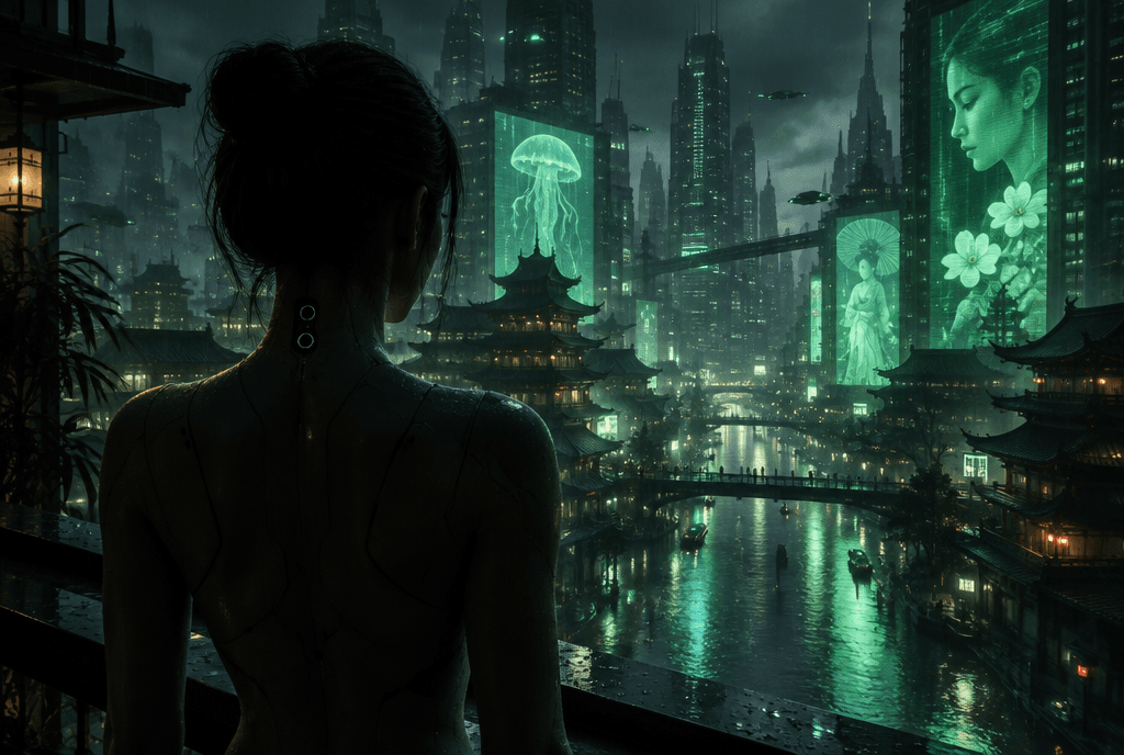 Silhouette di un'androide di spalle con porte dati nella nuca, davanti a una megalopoli bagnata di pioggia e illuminata di verde