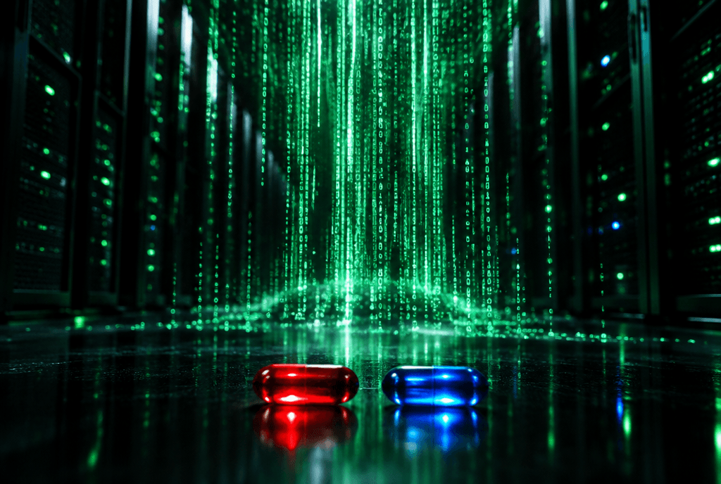 Corridoio buio di server che si dissolve in una cascata di codice digitale verde, con in primo piano una pillola rossa e una blu su una superficie riflettente