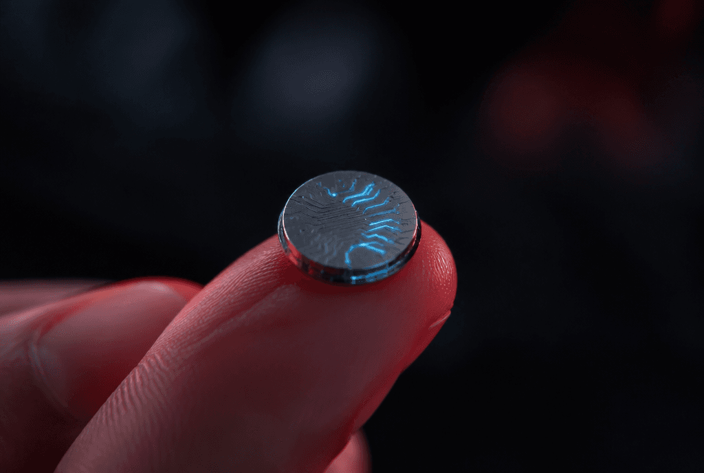 Macro di un polpastrello su cui poggia un chip cerebrale grande come una moneta, con piste luminose color ciano