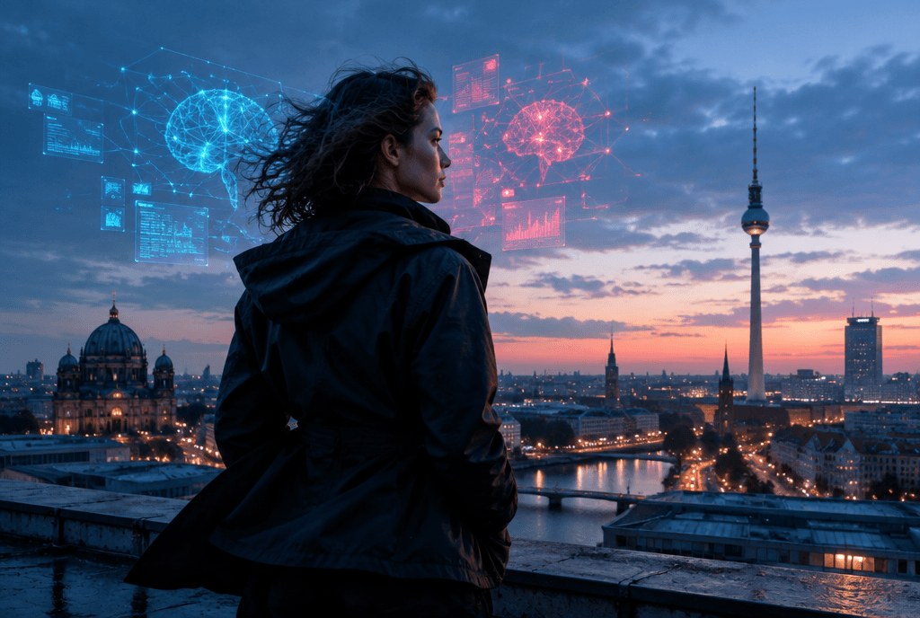 Una persona in piedi su un tetto di Berlino all'alba, con pannelli olografici di neuro-interfaccia in ciano e rosso che fluttuano intorno alla sua testa