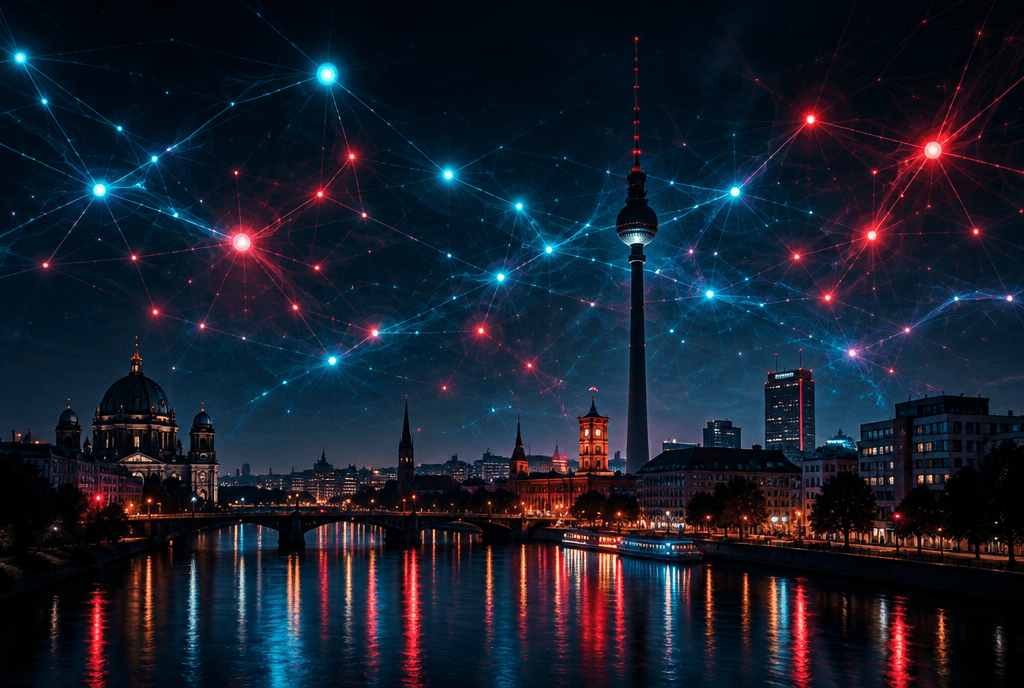 Skyline de Berlin la nuit avec la tour de télévision sous un réseau neuronal lumineux