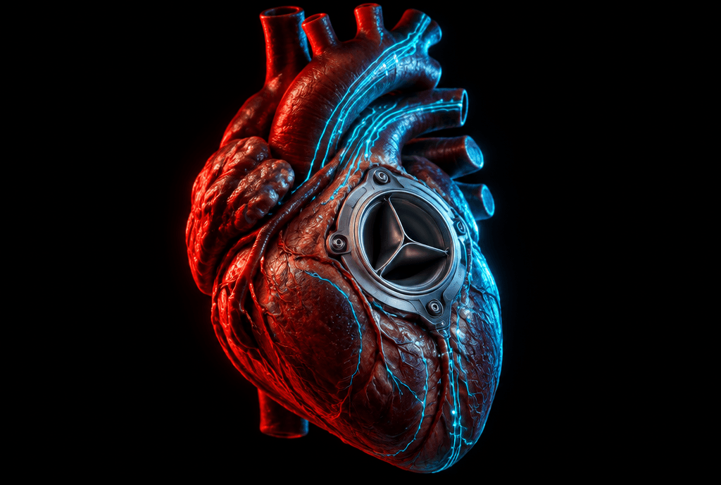 Anatomiczne ludzkie serce z wbudowaną mechaniczną zastawką z tytanu i delikatnymi, świecącymi na cyjanowo ścieżkami obwodów na czarnym tle