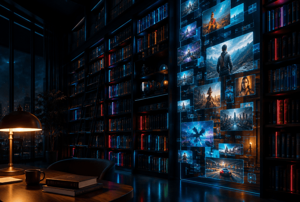 Biblioteca futurista en penumbra cuyos lomos de libros brillan en cian y rojo y se funden en fotogramas holográficos