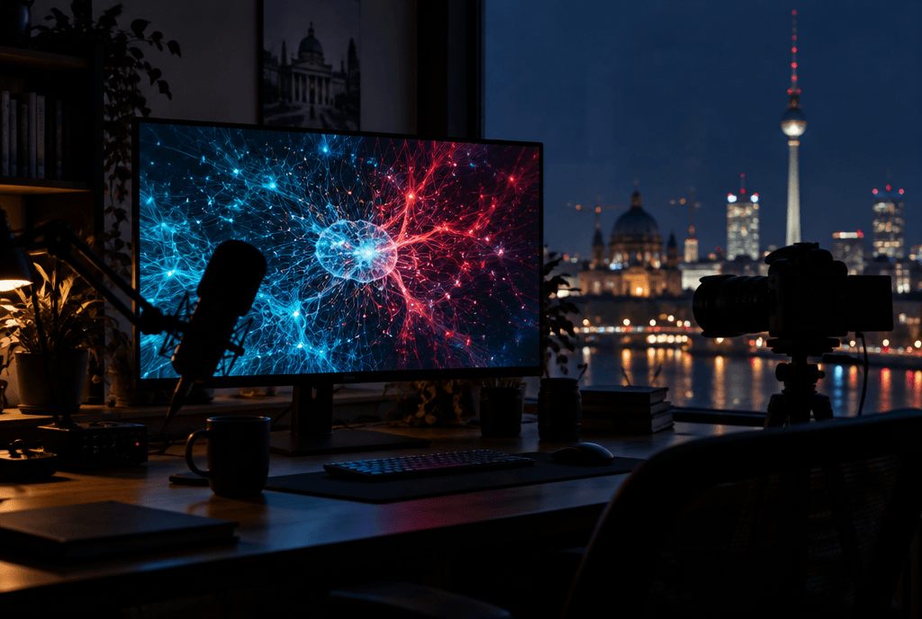 A dark creator studio at night: microphone and camera in silhouette in front of a large monitor showing a glowing neural-network visualization, blurred Berlin city lights in the window