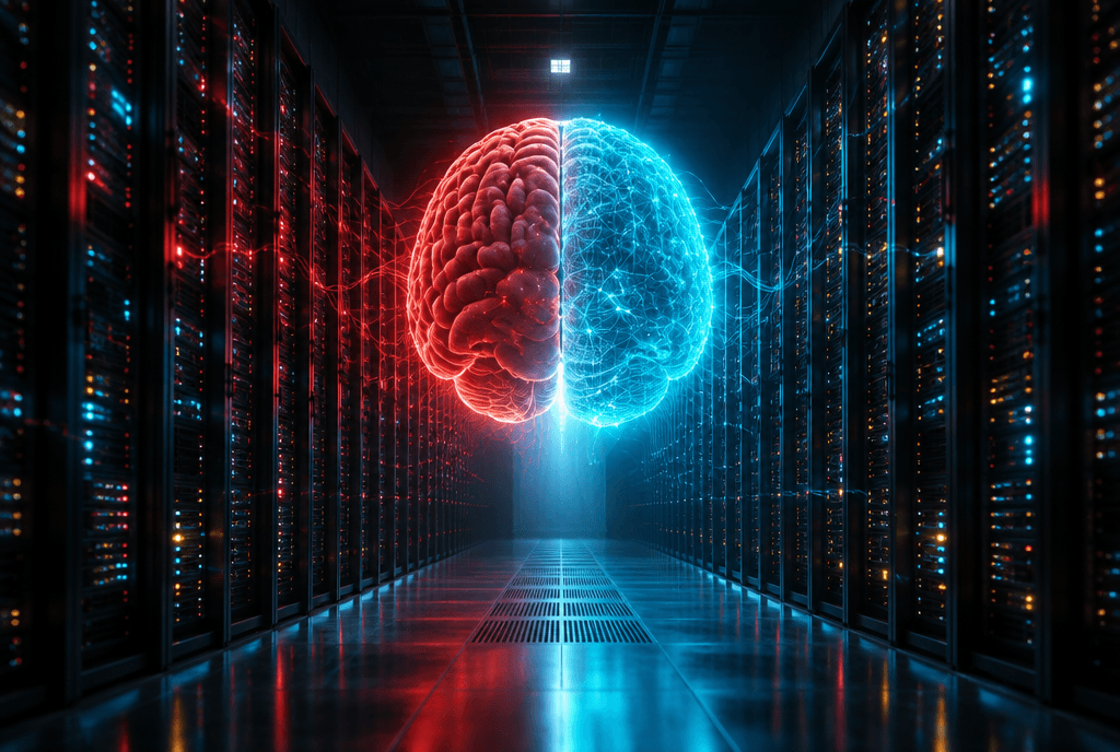 Um corredor escuro de data center com fileiras intermináveis de servidores, cujas luzes, no fim do corredor, se fundem em um hemisfério cerebral humano flutuante, metade vermelho orgânico, metade malha de arame em ciano