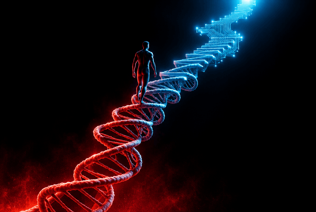 Una silueta humana sube una escalera cuyos peldaños inferiores están formados por hebras de doble hélice de ADN y se transforman, más arriba, en pistas luminosas de circuito impreso